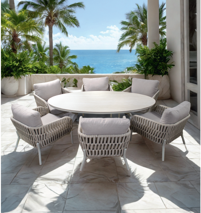 Dining Lounge Set DAVOS & BURGOS – Aluminium, Rope & Sintered Stone, Beige